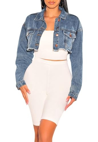 Women's Crop Top Jean Jacket Button Down Long Sleeve Destroyed Cropped Denim Jacket Coat | Amazon (US)