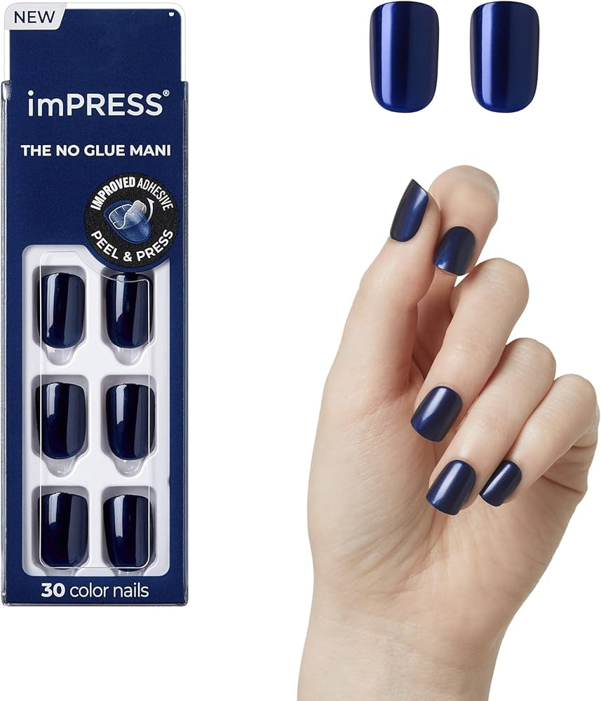 KISS imPRESS No Glue Mani Press On Nails, Color, 'Never Too Navy', Blue, Short Size, Squoval Shap... | Amazon (US)