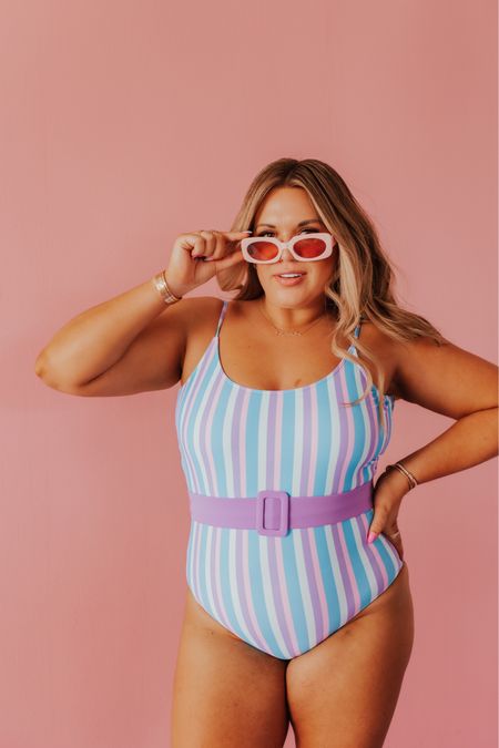 belted one piece in cotton candy stripe! 🍭 i’m in the large and runs TTS! 

#LTKcurves #LTKunder100 #LTKswim