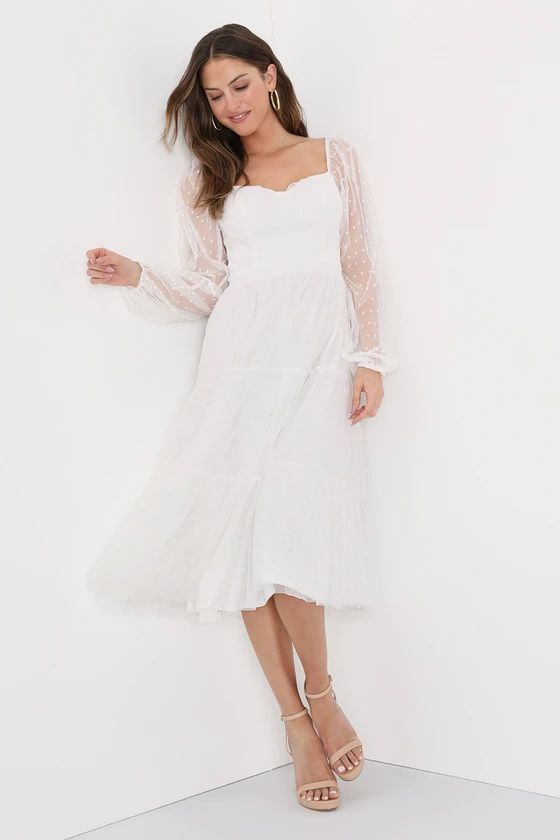 Affectionate Aura White Swiss Dot Tiered Bustier Midi Dress | Lulus (US)