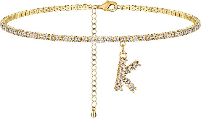 Freekiss Initial Anklet 18K Gold Plated Dainty Tennis CZ Chain Link Letter Initial Charm Dangle D... | Amazon (US)