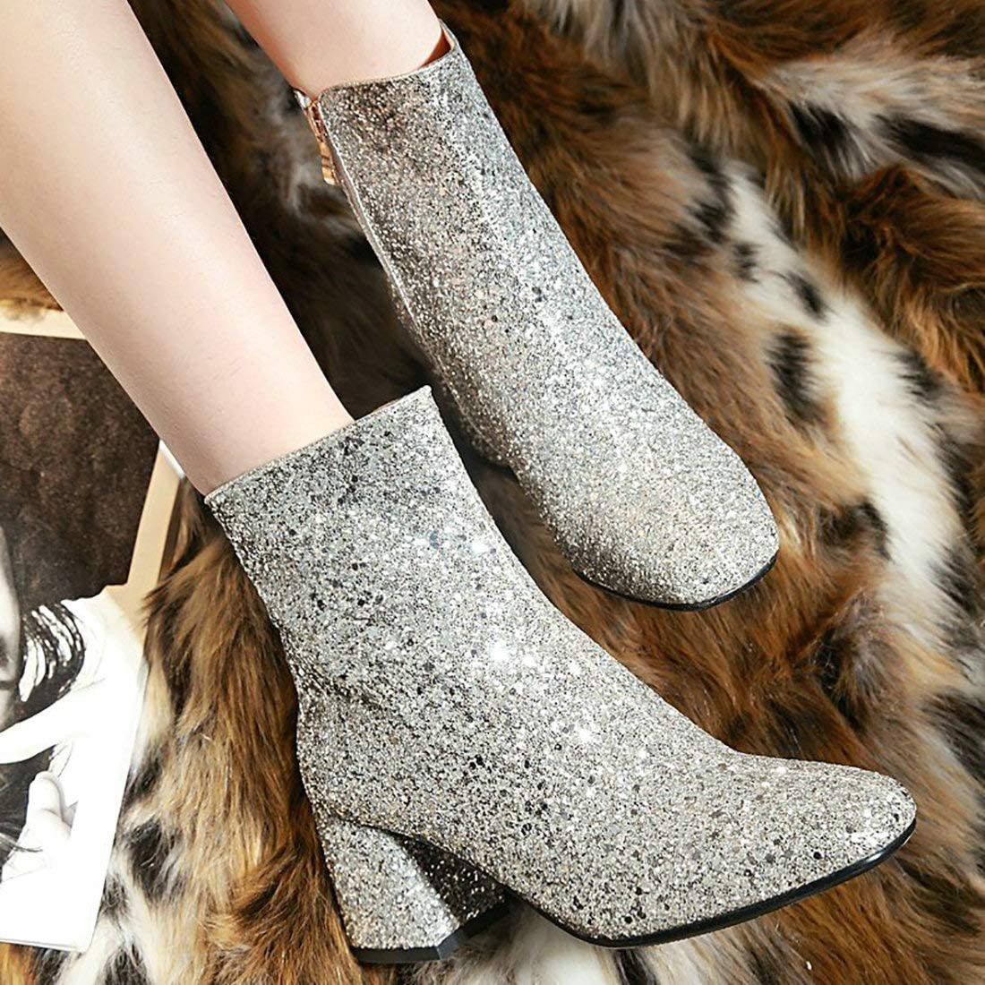 MAVMAX Women's Sequin Glitter Ankle Boots Chunky Heels Sparkly Booties | Amazon (US)