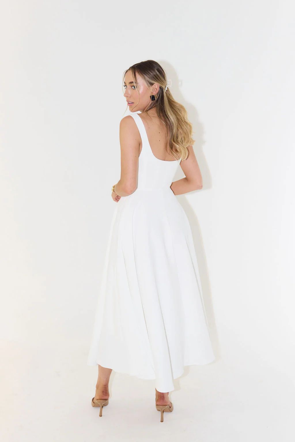 The Ultimate Muse High Waist Square Neck Midi Dress | White | Odd Muse