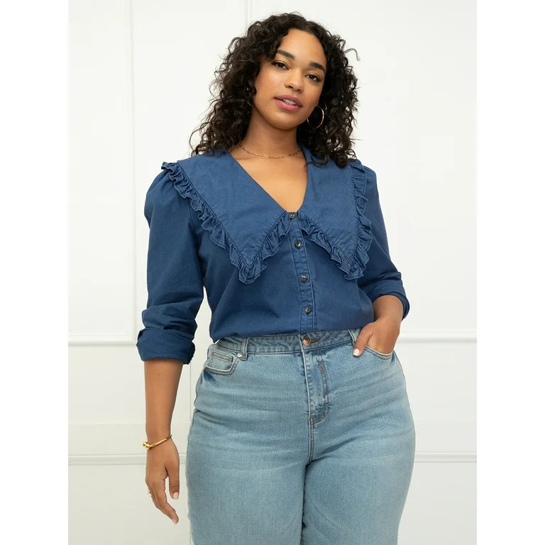 ELOQUII Elements Women's Plus Size Chambray Shirt With Collar - Walmart.com | Walmart (US)