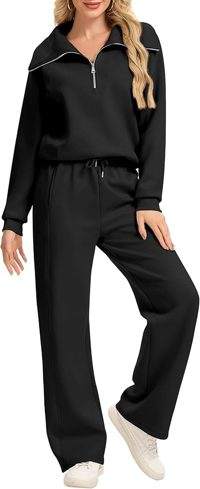 Motarto Women's 2 Pcs Outfits Sweatsuit Set Oversized Lapel Half Zip Sweatshirt Wide Leg Sweatpan... | Amazon (US)