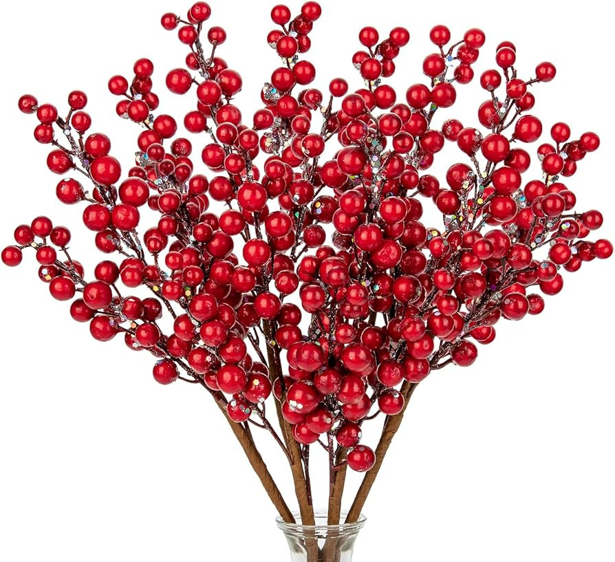 6 PCS Artificial Christmas Berry Picks, 13.8" Faux Berry Stems Spray with Glitter Paillette Flora... | Amazon (US)