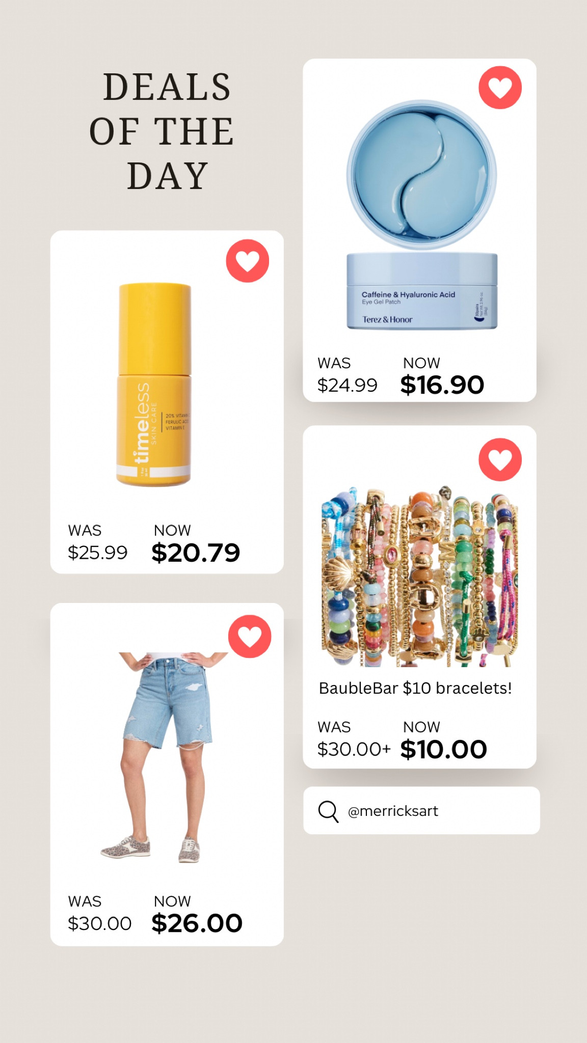 Today’s Daily Deals! @timeless Vitamin C serum that I use every morning and gives you a gorgeous glow, caffeinated eye patches that brighten your eyes, @Target long shorts that are super cute and affordable, and the $10 @baublebar bracelet deal! 