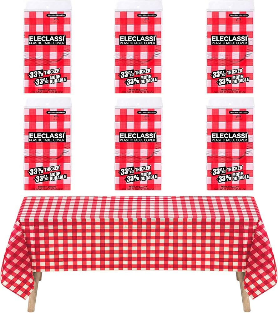Red Gingham Checkered 6 Pack Disposable Plastic Tablecloth 54 x 108 In - Plastic Table Cloths for... | Amazon (US)