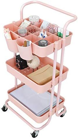StorageWorks Pink Metal Rolling Carts, 3 Tier Rolling Utility Cart, Make Up Storage Cart Organize... | Amazon (US)