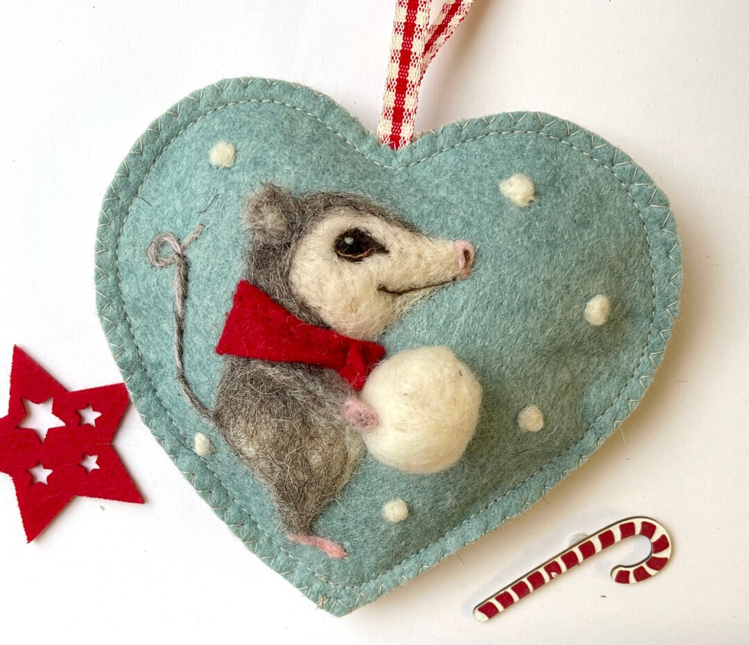 Felt Opossum With a Snowball Winter Spice Scented Heart, Folk Art Holiday Gift Needle Felted Chri... | Etsy (US)