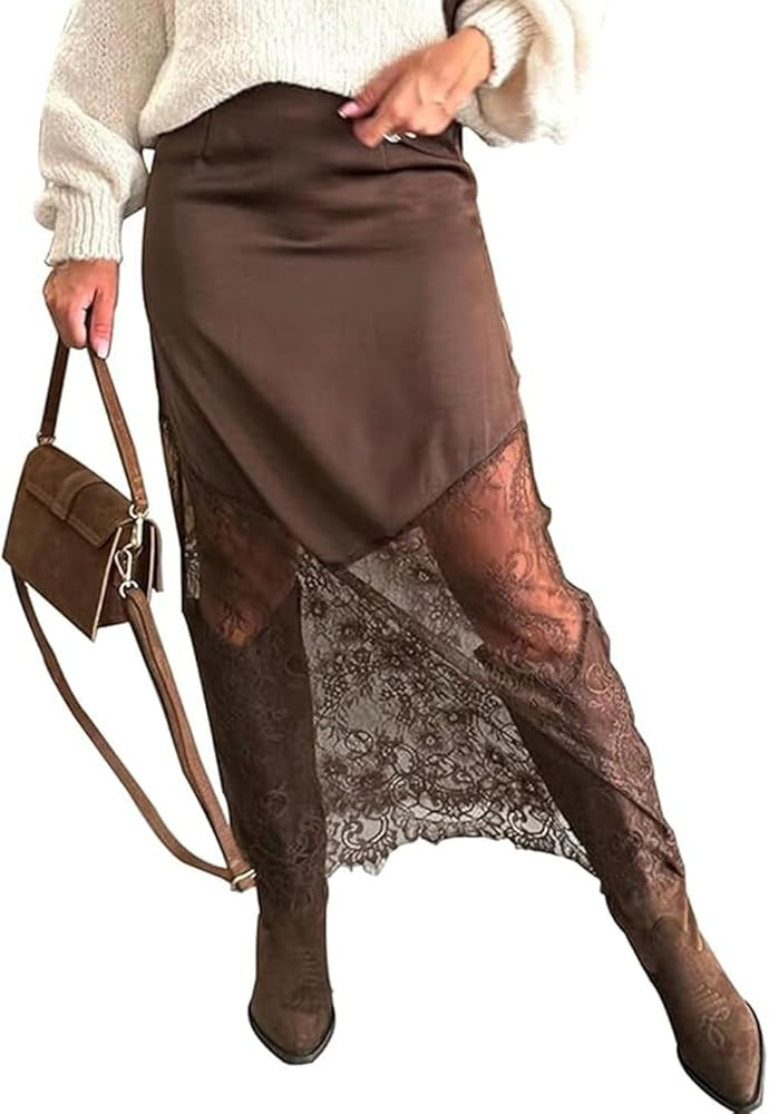 Satin Skirts for Women High Waist Lace Skirts Y2K Elegant Lace Patchwork Skirt Solid Silk Wrap Ma... | Amazon (US)
