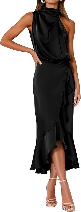 KIRUNDO Womens 2023 Summer Satin Mock Neck Party Cocktail Midi Dress Sleeveless Wrap Ruffle Merma... | Amazon (US)