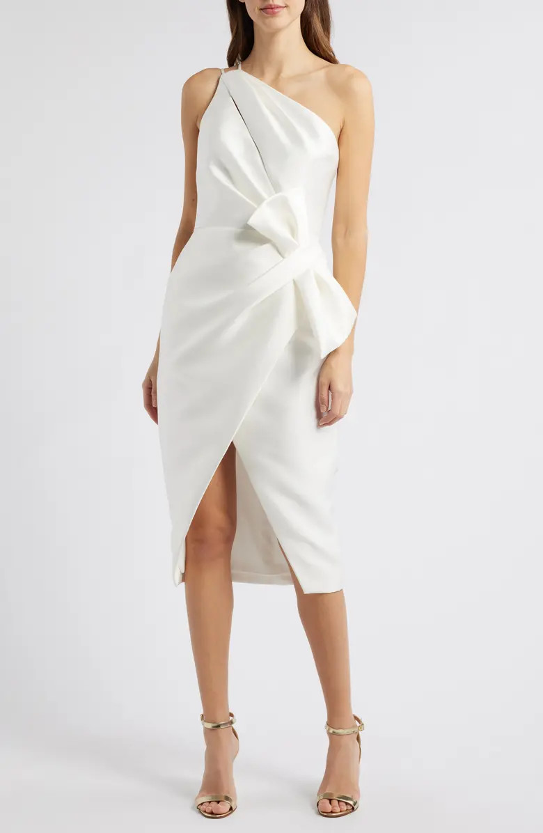 Amsale One-Shoulder Bow Detail Cocktail Sheath Midi Dress | Nordstrom | Nordstrom