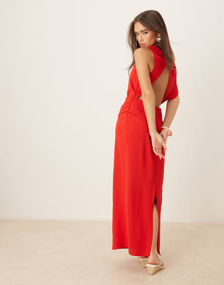 ASOS DESIGN asymmetric twist back midi dress in red | ASOS (Global)