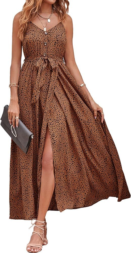 KIRUNDO Women's Summer Spaghetti Straps V Neck Leopard Long Dress Button Down Sleeveless Split Flowy | Amazon (US)