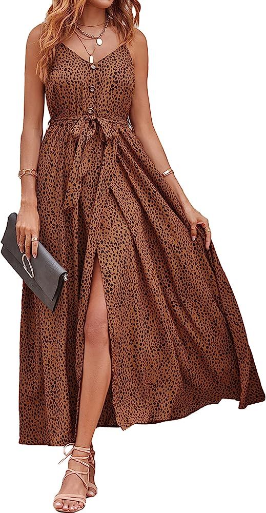 KIRUNDO 2023 Women's Summer Spaghetti Strap V Neck Flowy Maxi Dress Leopard Print High Waist Belt... | Amazon (US)