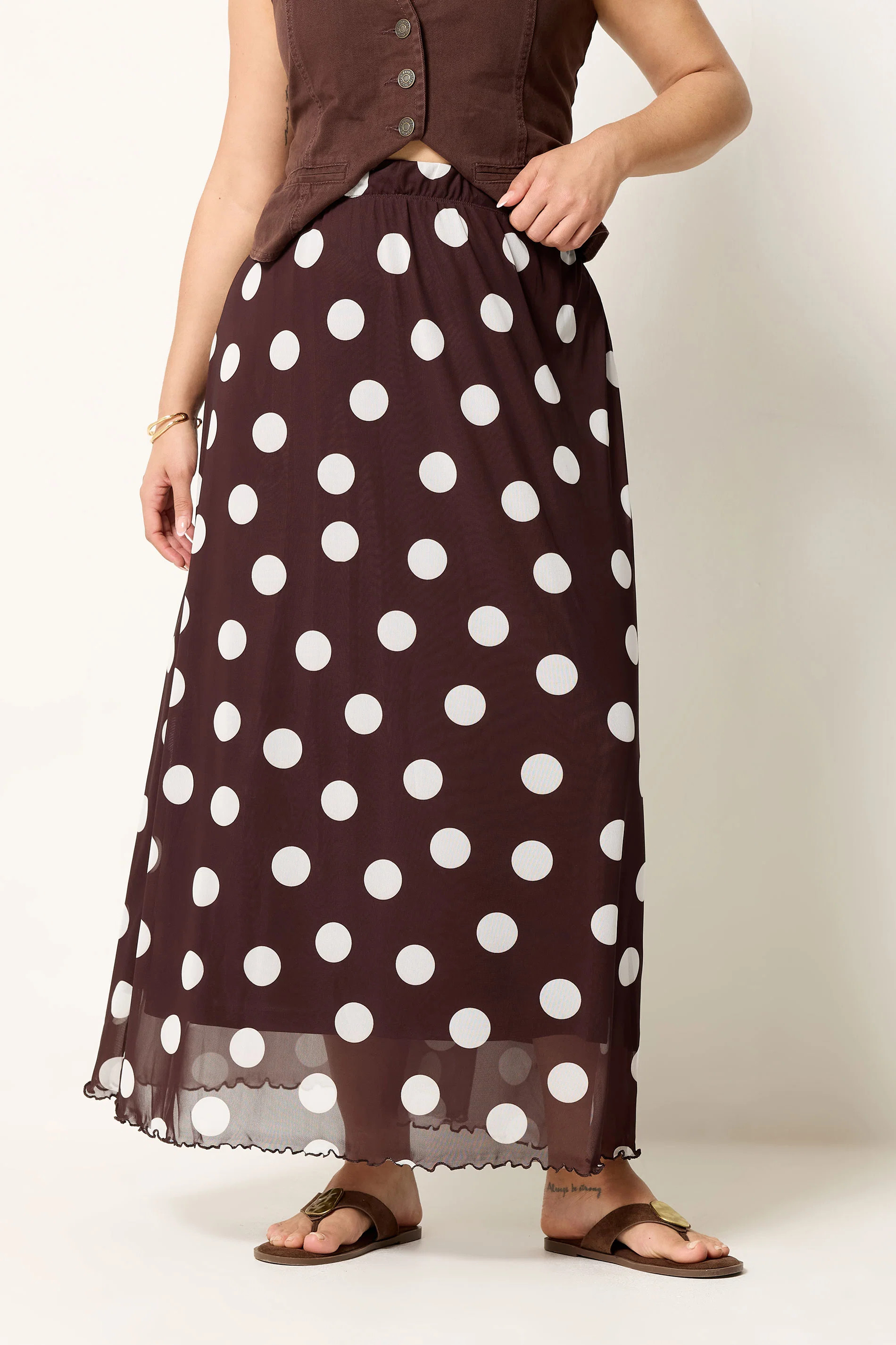 YOURS Plus Size Chocolate Brown Polka Dot Mesh Skirt | Yours Clothing UK