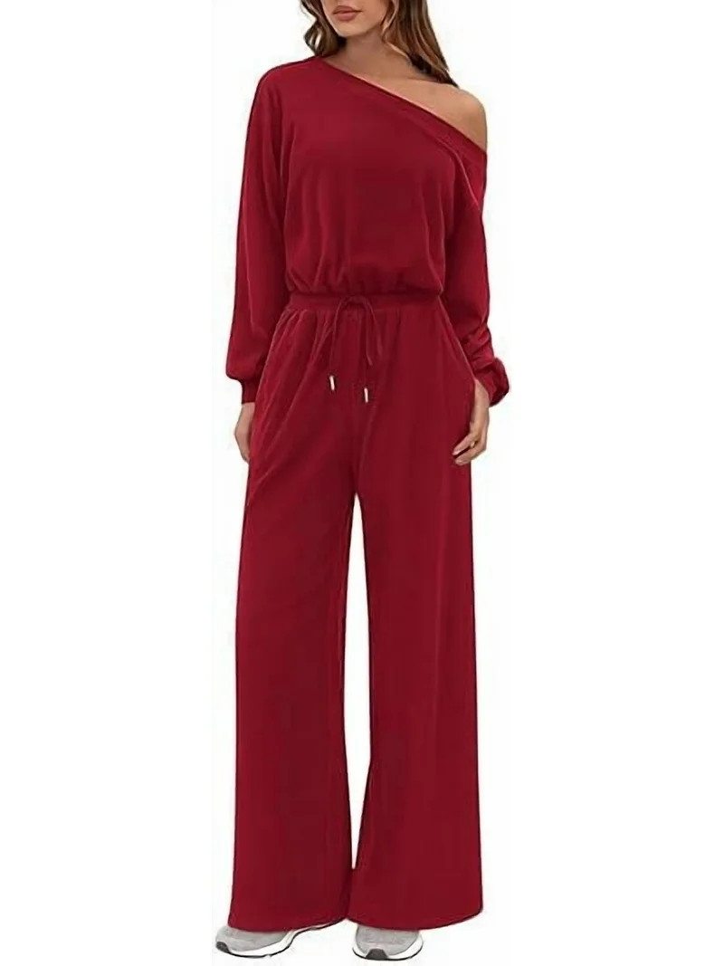 PRETTYGARDEN Long Sleeve Jumpsuit For Women Dressy Off Shoulder One Piece Loose Wide Leg Jumpsuit... | Walmart (US)