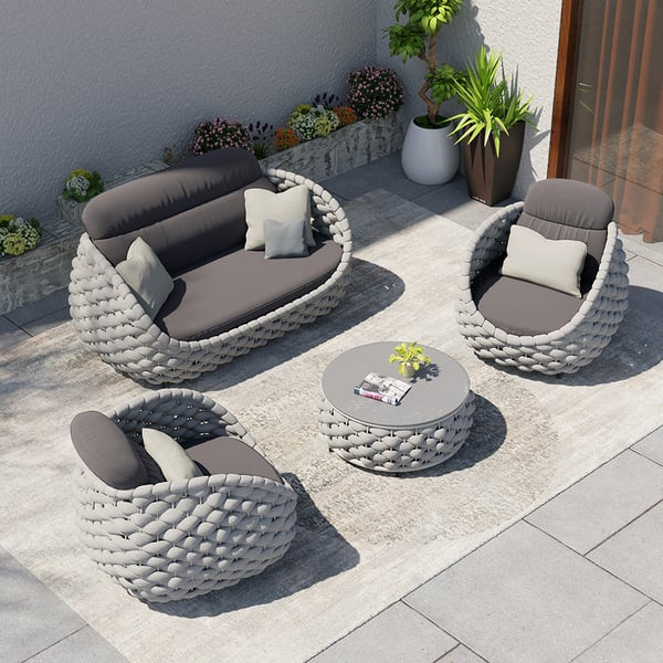 Tatta 4 Pieces Woven Rope Outdoor Swivel Sofa Set 360 Degree Rotatable with Coffee Table | Homary