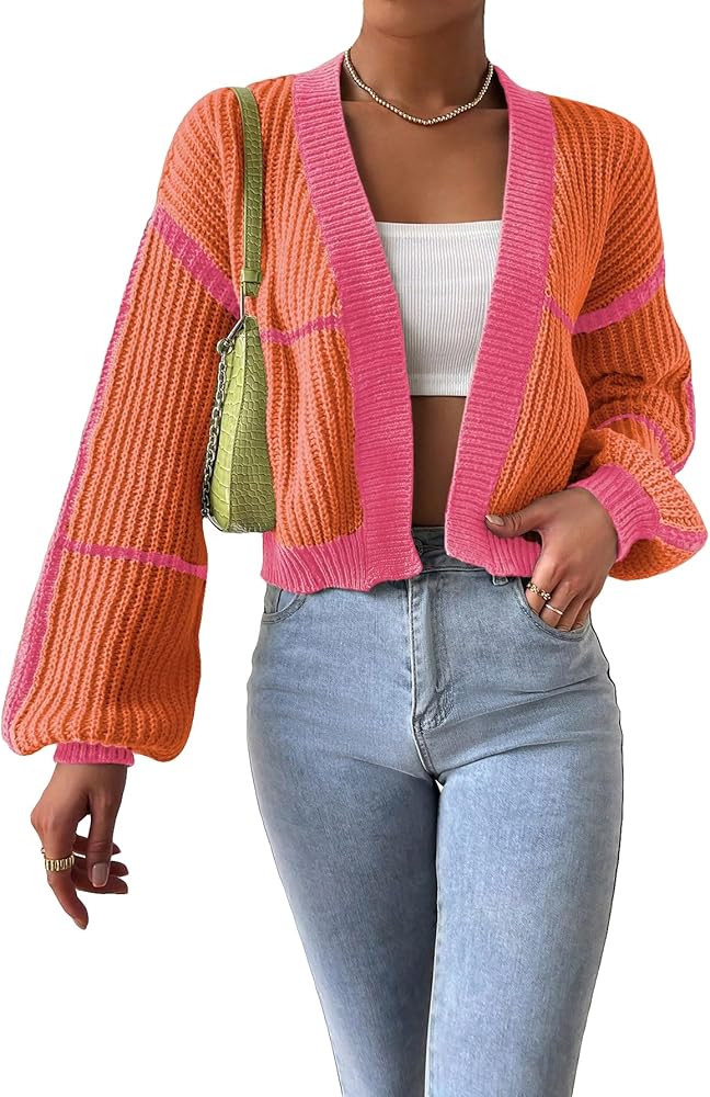 COZYEASE Women's Color Block Crop Cardigan Top Bishop Long Sleeve Open Front Sweater | Amazon (US)
