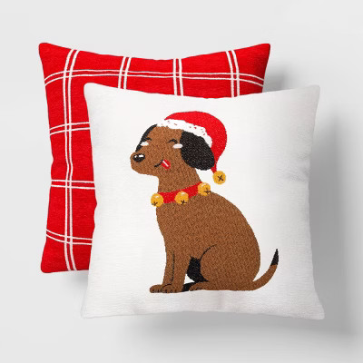 2pk Christmas Puppy Jacquard Chenille Square Throw Pillow Ivory/Red - Wondershop™ | Target