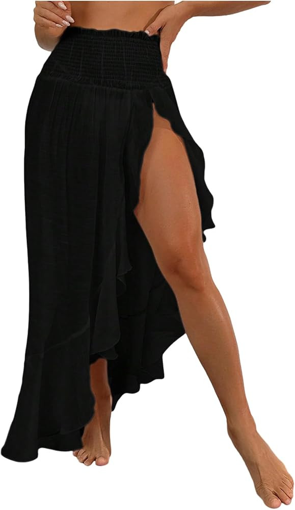 SHENHE Women's Swimsuit Coverup High Slit Sarong Smocked Ruffle Maxi Beach Skirt Cover Ups | Amazon (US)