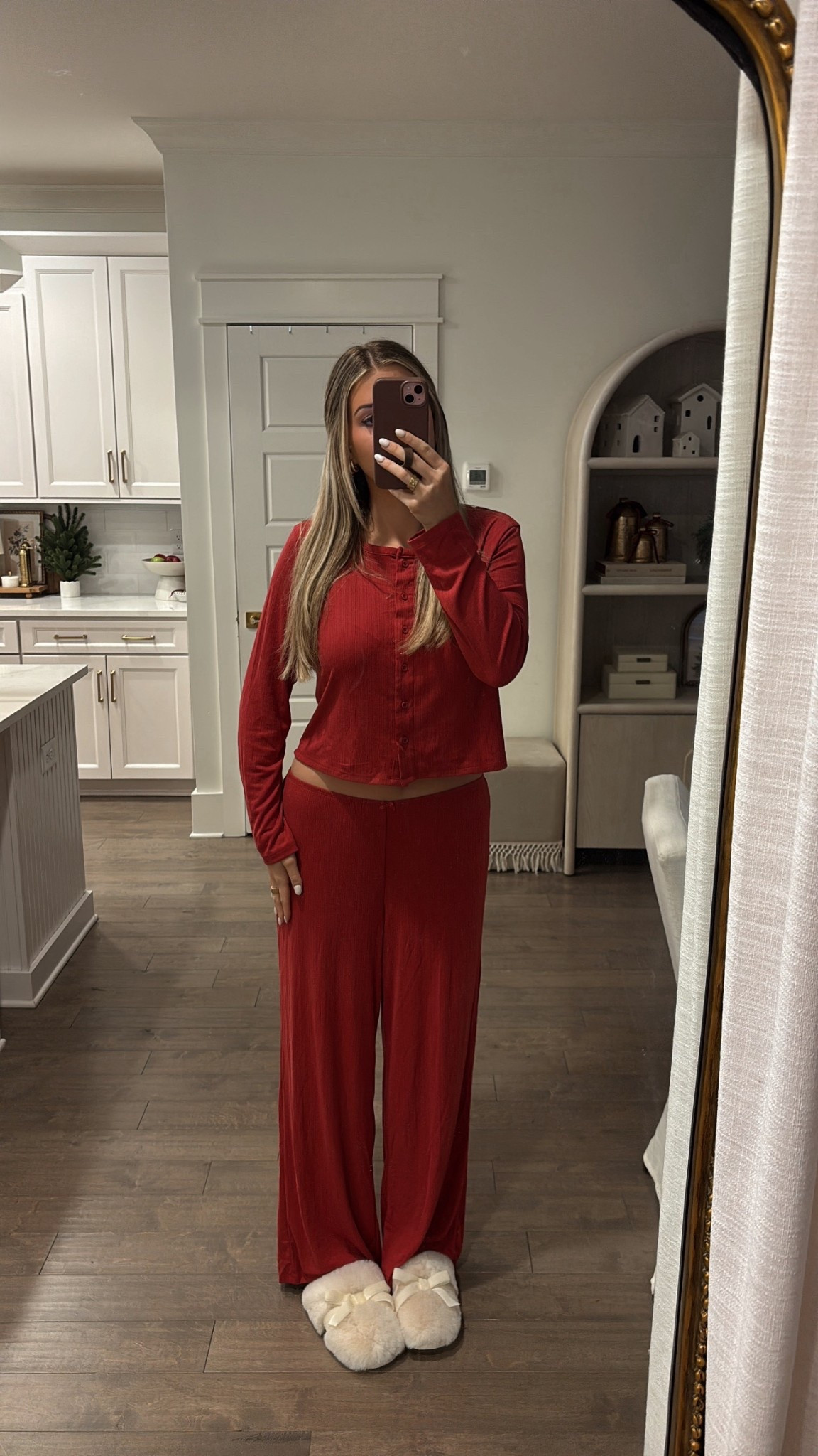 Grabbed this set at Target! It’s so comfy and cute ❤️ I’m wearing a medium in both top and pants! Also these slippers are the softest things ever! I love them🫶🏼 

#LTKHome #LTKHoliday #LTKGiftGuide