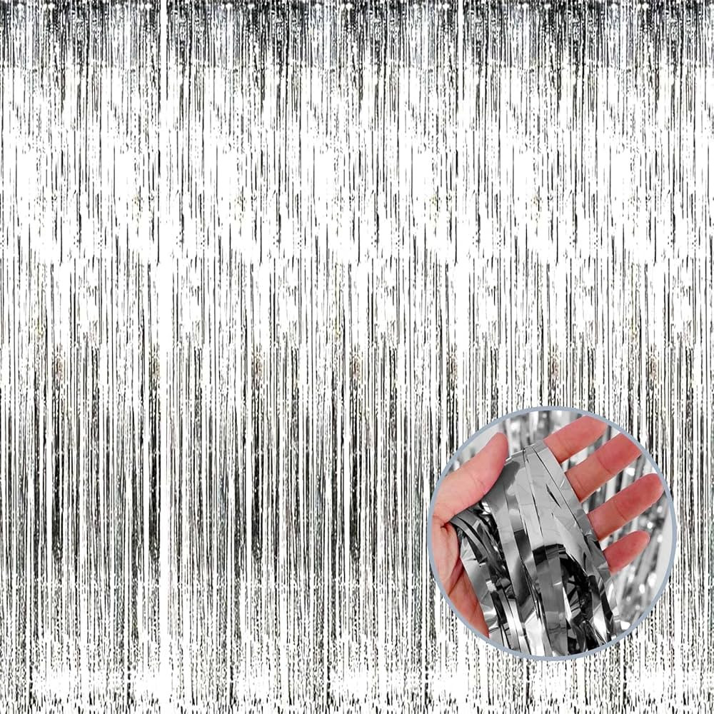 4 Pack Silver Foil Fringe Curtain Backdrop, 3.28Ft x 8.2Ft Metallic Tinsel Foil Fringe Streamer C... | Amazon (US)