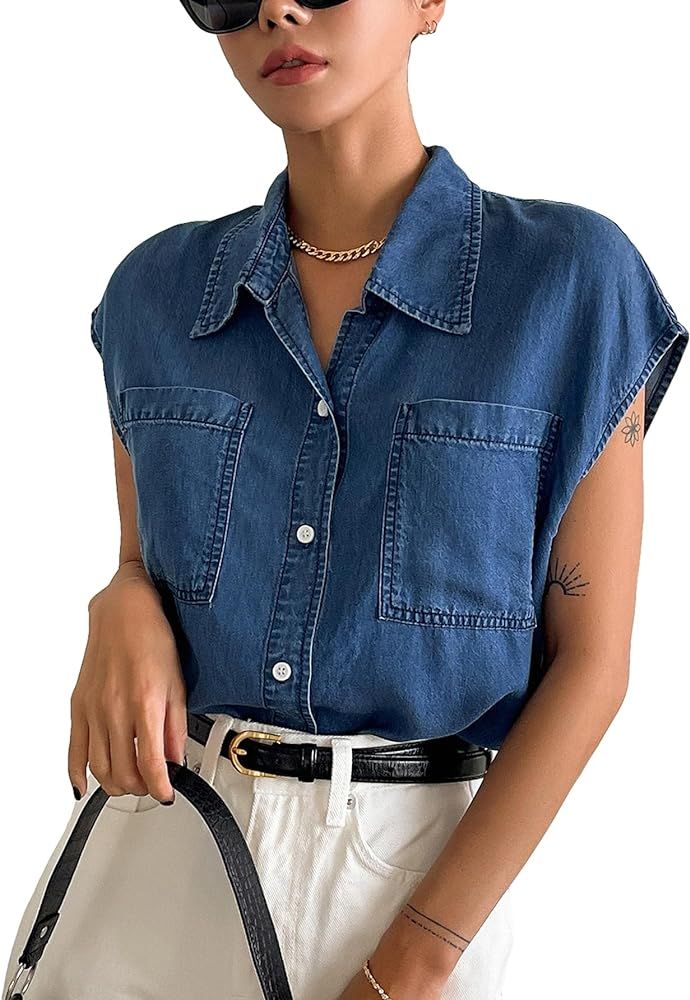 Verdusa Women's Pocket Front Cap Sleeve Button Up Denim Blouse Shirt Top | Amazon (US)