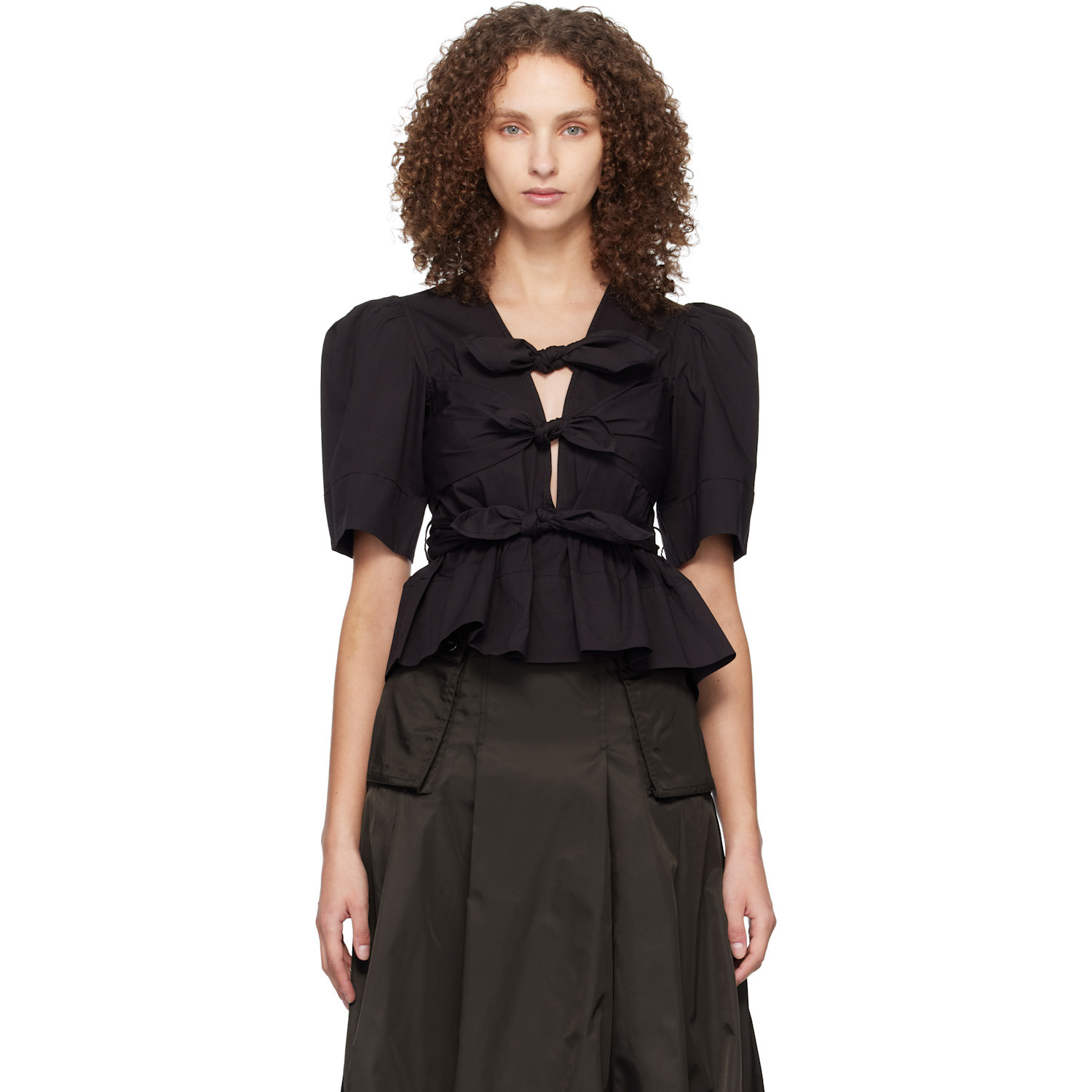 GANNI Black Washed Stretch Cotton Tie Strap Blouse | SSENSE