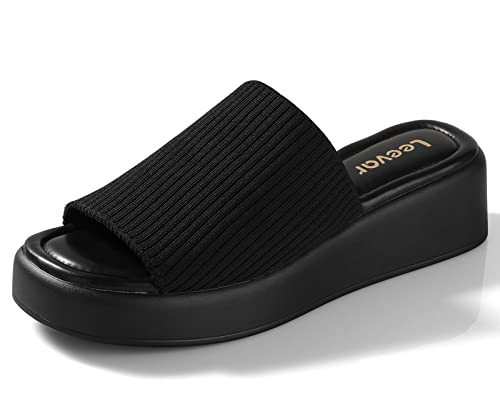 Leevar Black Platform Sandals for Women - Soft Memory Foam Padded Black Platform Wedges Sandals - Womens Backless Slip On Platform Slides - Comfy Square Open Toe Mules Black Platform Sandals, Black Platform Slippers for Women, Black size 9.5 | Amazon (US)