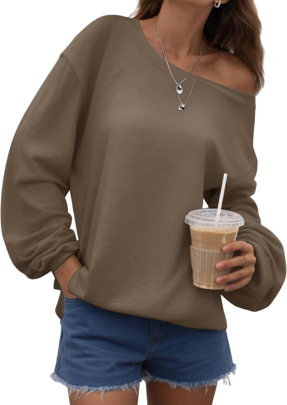 Womens Off the Shoulder Sweatshirt Long Sleeve Loose Pullover Tops Oversized Sweatshirts Trendy Spring Outfits | Amazon (US)