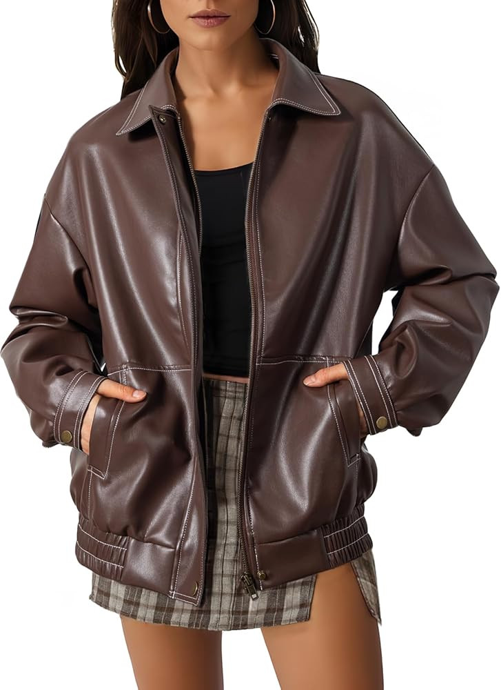 EVALESS Leather Jacket Women Faux Motorcycle Coats Fashion Oversized Bomber Zip Up Jackets Trendy... | Amazon (US)
