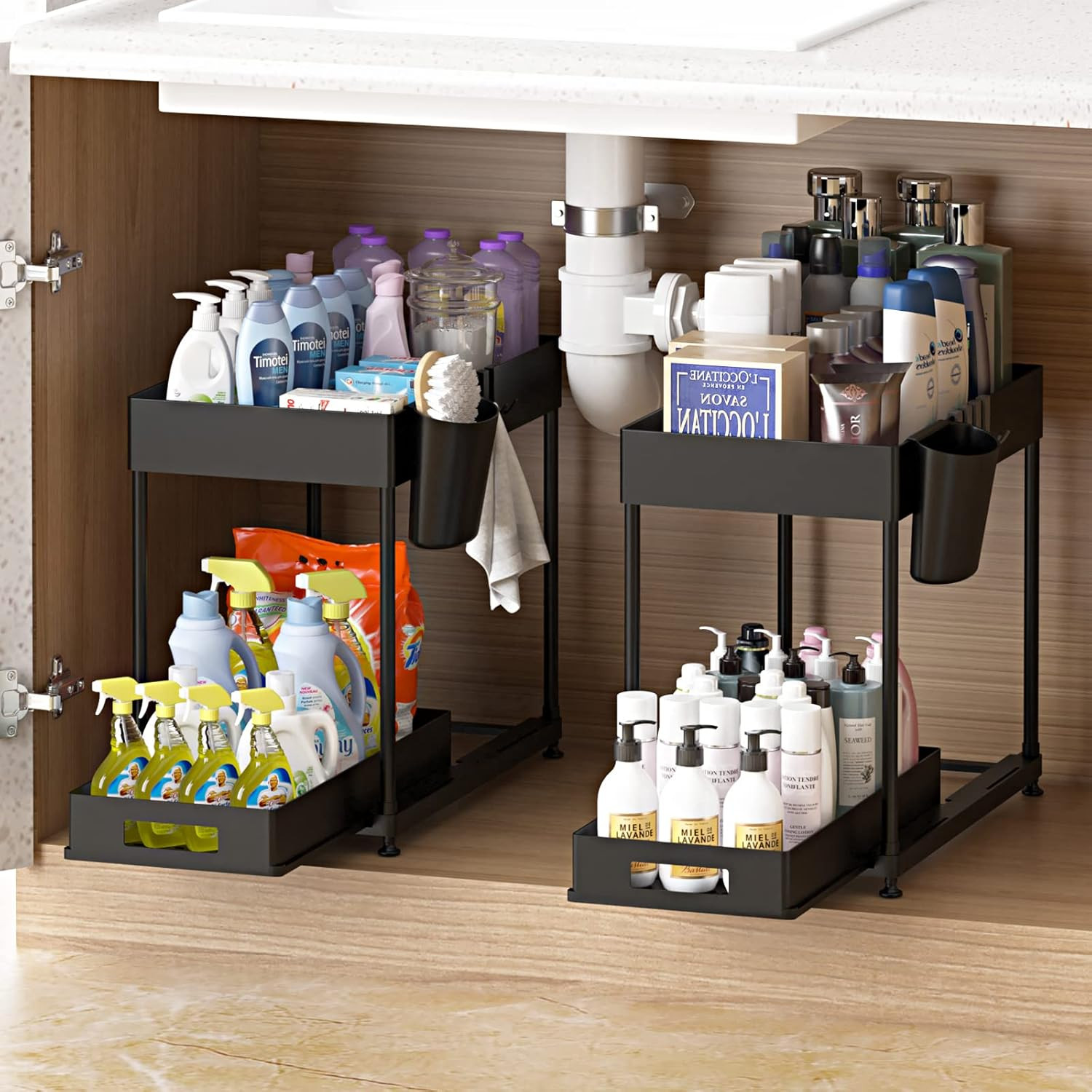 NYYTGE Sliding Under Sink Bathroom Organizer, 2 Pack Under Sink Cabinet Organizers and Storage, M... | Amazon (US)