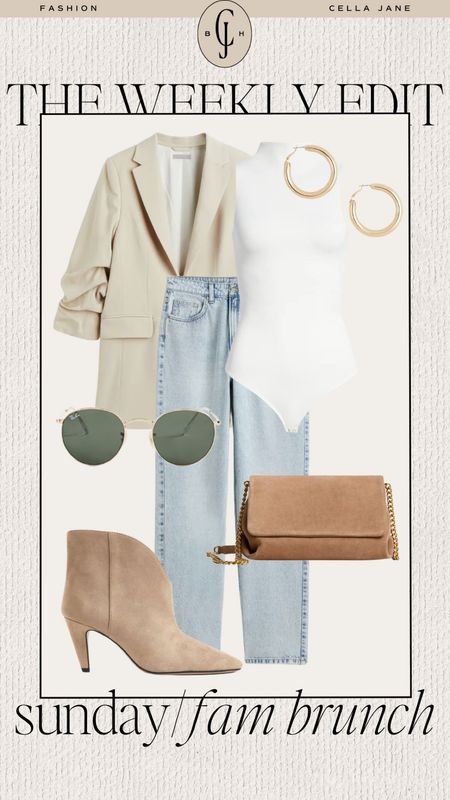 Cella Jane the weekly edit. Your week styled. Sunday family brunch. Casual style. Jeans, blazer, bodysuit, booties, crossbody bag, sunglasses, earrings  

#LTKstyletip