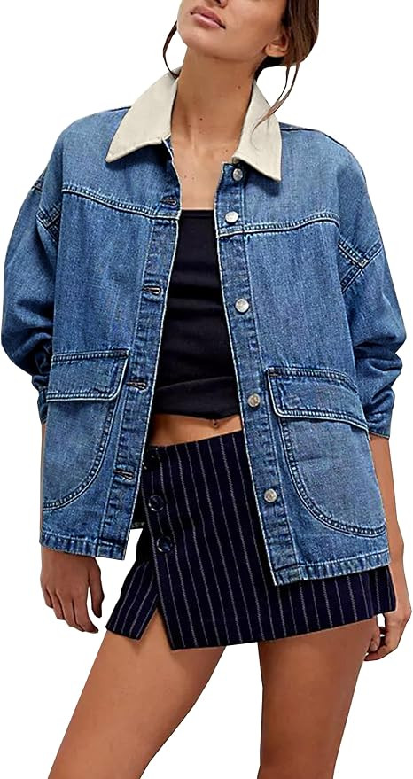 Women's Oversized Denim Jacket with Contrast Trim Long Sleeve Button Down Jean Coat with Pockets ... | Amazon (US)