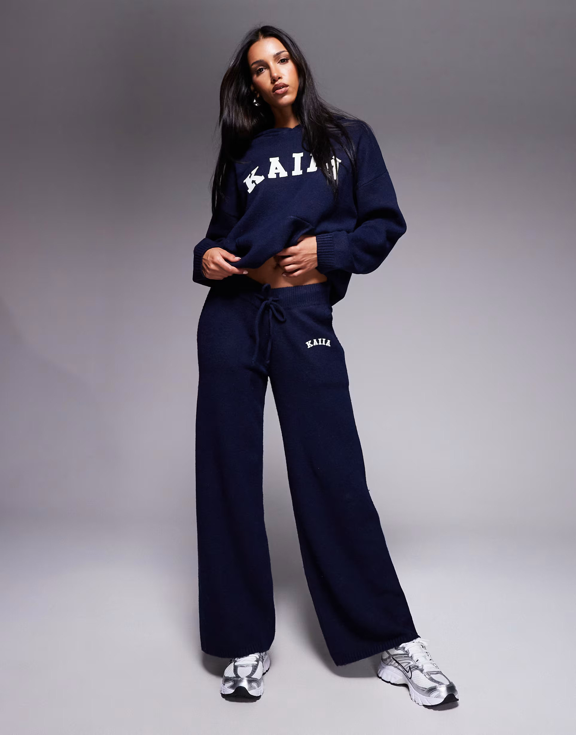 Kaiia knitted embroidered logo wide leg trouser co-ord in navy | ASOS (Global)