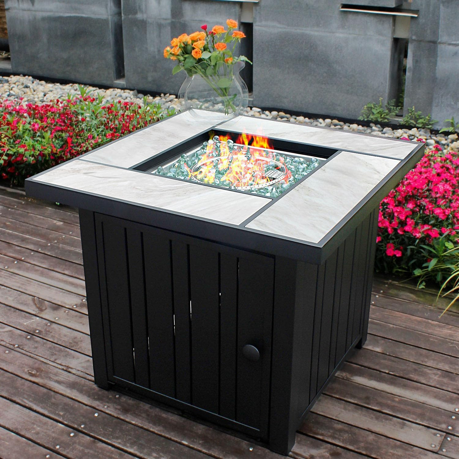 30" Propane Fire Pit with Real Ceramic Tabletop, 50000 BTU Gas Firepit Table with Lid & Glass Roc... | Amazon (US)