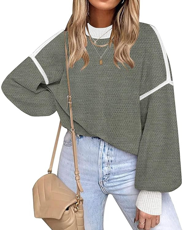 Fall Clothes for Women 2025 Trendy Fashion Oversized Sweaters Color Block Long Sleeve Knited Pull... | Amazon (US)