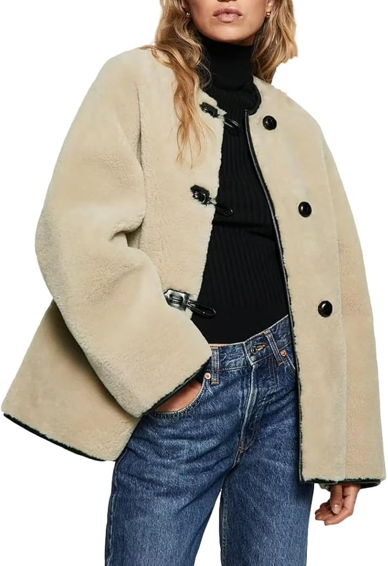 Zocvyi Women's Sherpa Fleece Cashmere Jacket Crewneck Long Sleeve Metal Buckle Winter Warm Woolen... | Amazon (US)