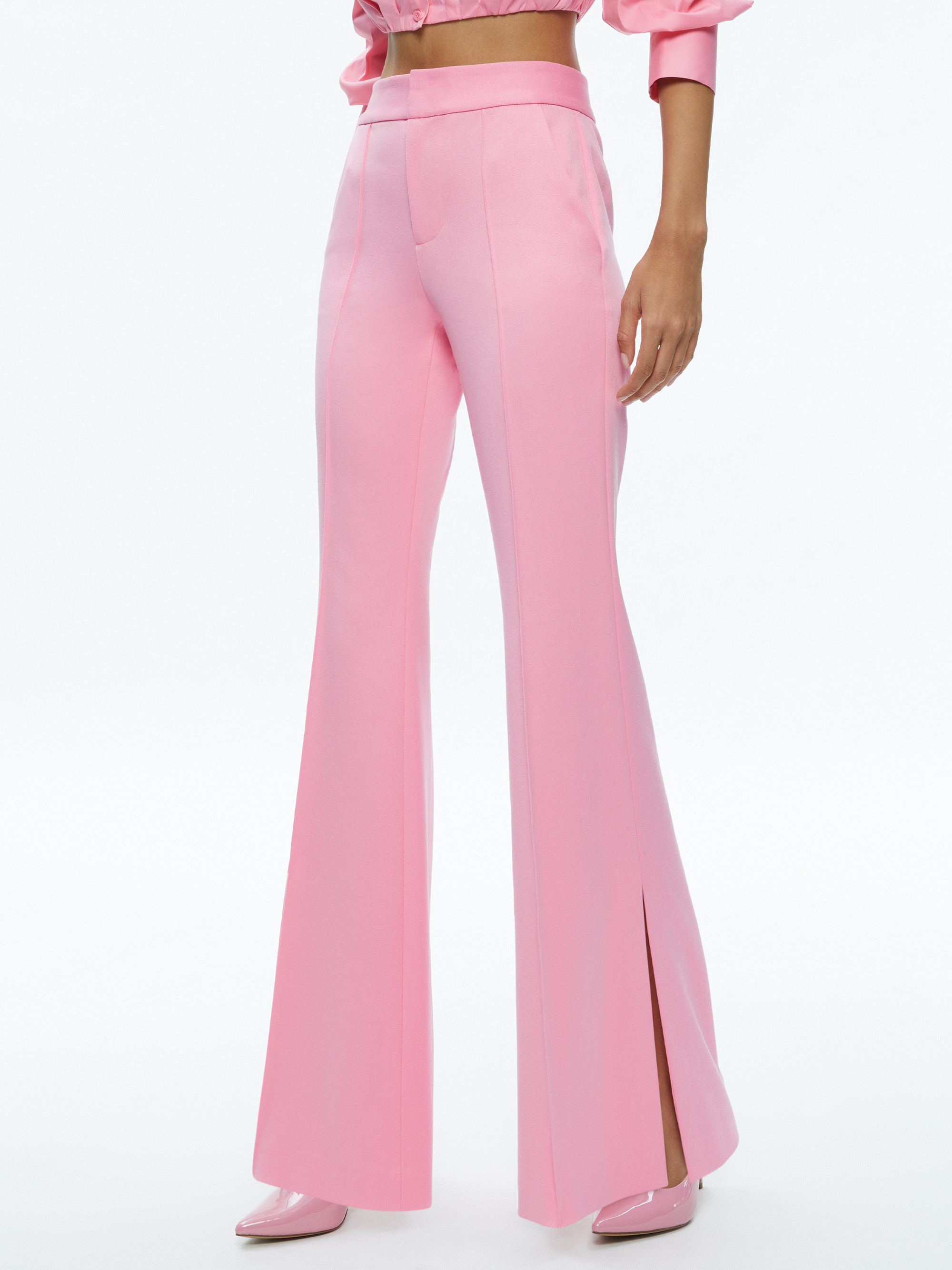 MACEY NOTCH COLLAR FITTED BLAZER + DANETTE HIGH RISE FLARE SLIT TROUSER | Alice + Olivia