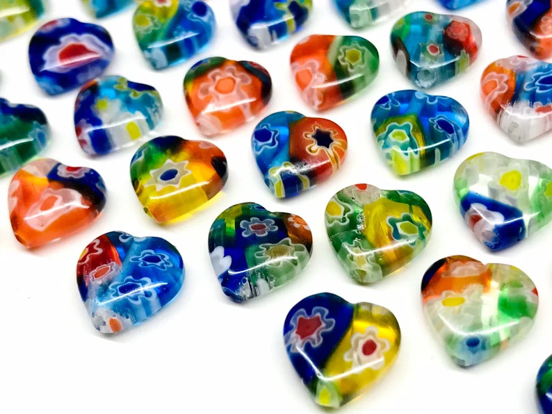 10mm Colorful HEART Glass Millefiori Beads Glass Murano Lampwork Beads Glass Heart | Etsy (US)