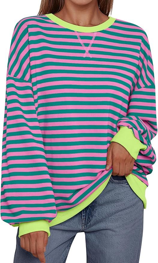 Trendy Queen Oversized Sweatshirt for Women 2024 Fall Crewneck Striped Long Sleeve Shirts Hoodies... | Amazon (US)