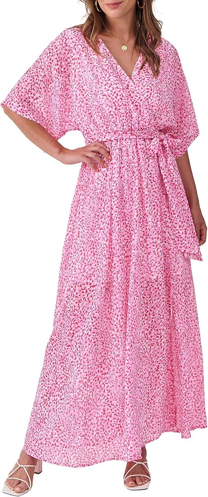 ANRABESS Womens 1/2 Sleeve Beach Wedding Guest Maxi Dresses 2026 Summer Wrap V Neck Boho Floral F... | Amazon (US)