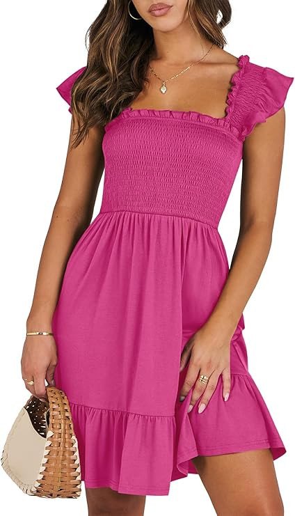 ANRABESS Womens Summer Casual Sleeveless Square Neck Smocked Ruffle Backless Boho Mini Dress 2024... | Amazon (US)
