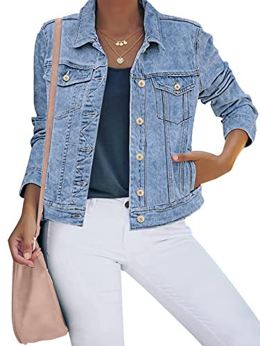 luvamia Women's Classic Casual Long Sleeves Jacket Basic Button Down Trucker Jacket Coat Snow Wash Mid Blue Western Jackets For Women Size Large Fits Size 12 / Size 14 | Amazon (US)
