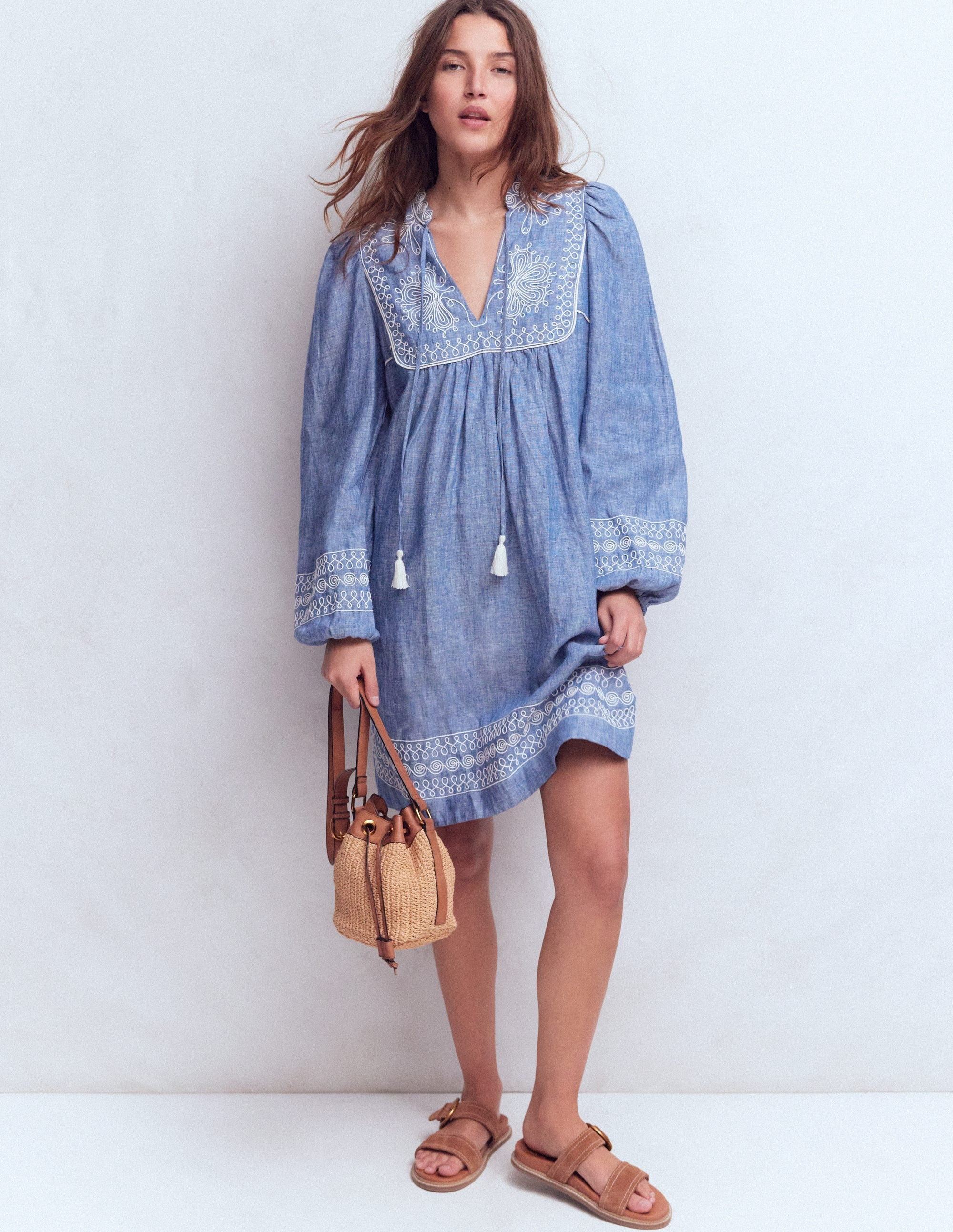 Pia Linen Yoke Tassel Dress-Blue Euphoric Garden | Boden (US)