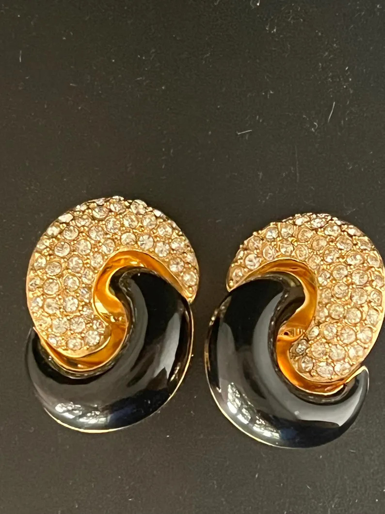 Chr Dior Black Enamel Gold Toned Earrings - Etsy | Etsy (US)