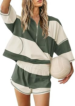 Yanekop Womens 2 Piece Outfits Summer Striped Workout Set Oversized Matching Lounge Sets Quarter ... | Amazon (US)