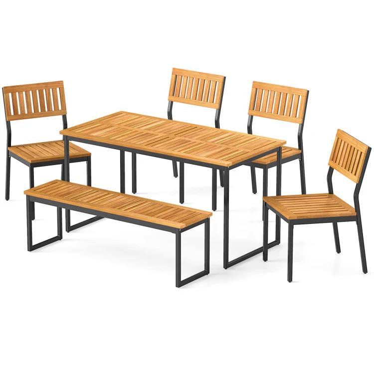 Hivvago 6 Pieces Outdoor Acacia Wood Dining Set with Bench and 2 Inches Umbrella Hole | Shop Simon